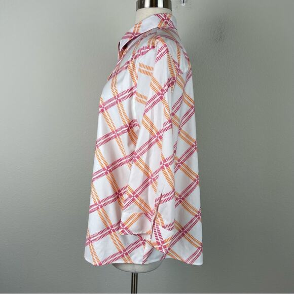 Chico's White Pink Orange Print No Iron Stretch Button Down Shirt 3 - Picture 6 of 10